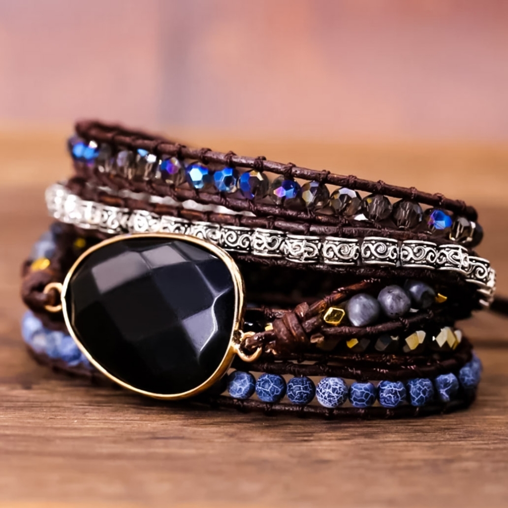 Boho Black Obsidian Leather & Natural Gemstones Wrap Bracelet - Picture 3 of 8